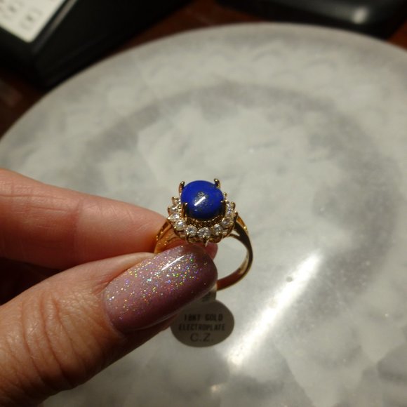 18K EP Gold Lapis Lazuli Cubic Zirconia Ring Size 8 - Picture 4 of 14